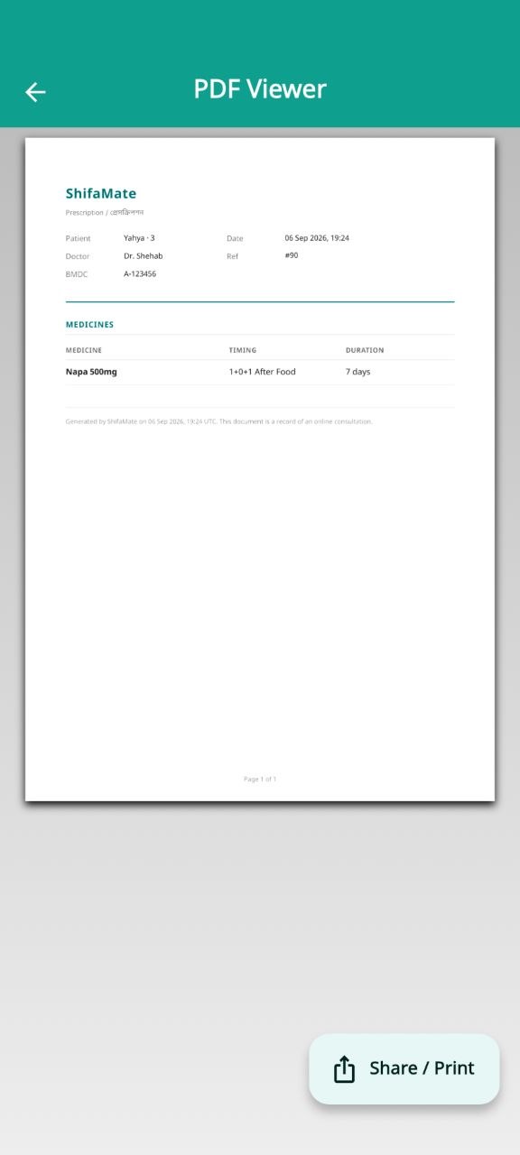 A demonstration digital prescription in the app